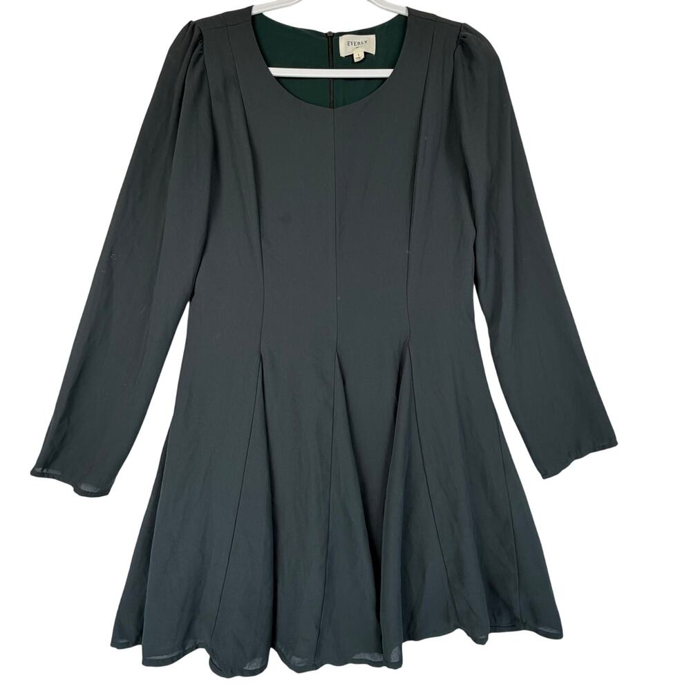 Everly Pleated Fit & Flare Long Sleeve Mini Dress Womens Size S Forest Green